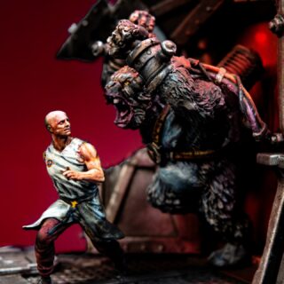 After years of cruel experiments and manipulation Marcus as broken free and is wrecking the facility. This model, from @paoloparente65 game Dust Tactics, has been in my imagination for a long time. The basic concept of the cybernetic gorilla breaking through a door with pieces flying was always there. During construction out occurred that he could be pursuing someone. I was so happy to find the perfect model for this from @bestiarum.games . The rest is kit bashed from #warhammer40k bits. A tiny detail is the hallway I painted onto a small piece of card. I hope you enjoy this and let me know what I should paint next. #diorama #scifi #grimdark #dusttactics #kitbash #cybernetics